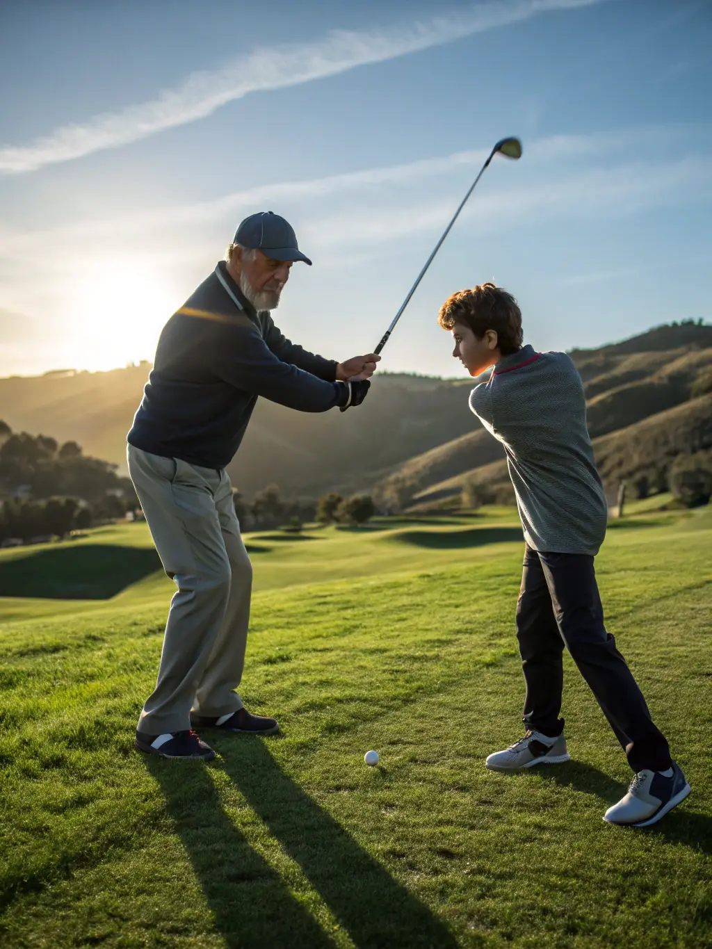 A stunning photograph of a golfer teeing off on a world-class golf course with breathtaking scenery, representing the site's coverage of golf courses and travel destinations.